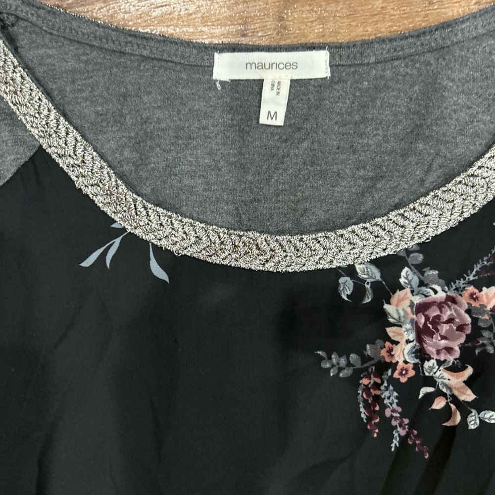 Maurices Black Top with Floral and Gray Details